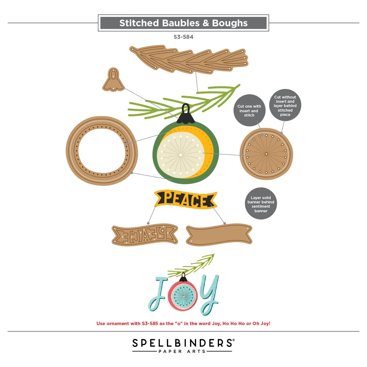 A flat lay product diagram of 'Stitched Baubles & Boughs' paper craft embellishments by Spellbinders Paper Arts, showing individual cut pieces including a green and yellow ornament, wooden-texture baubles, a pine branch, and a 'JOY' ornament, with printed instructions and color codes.