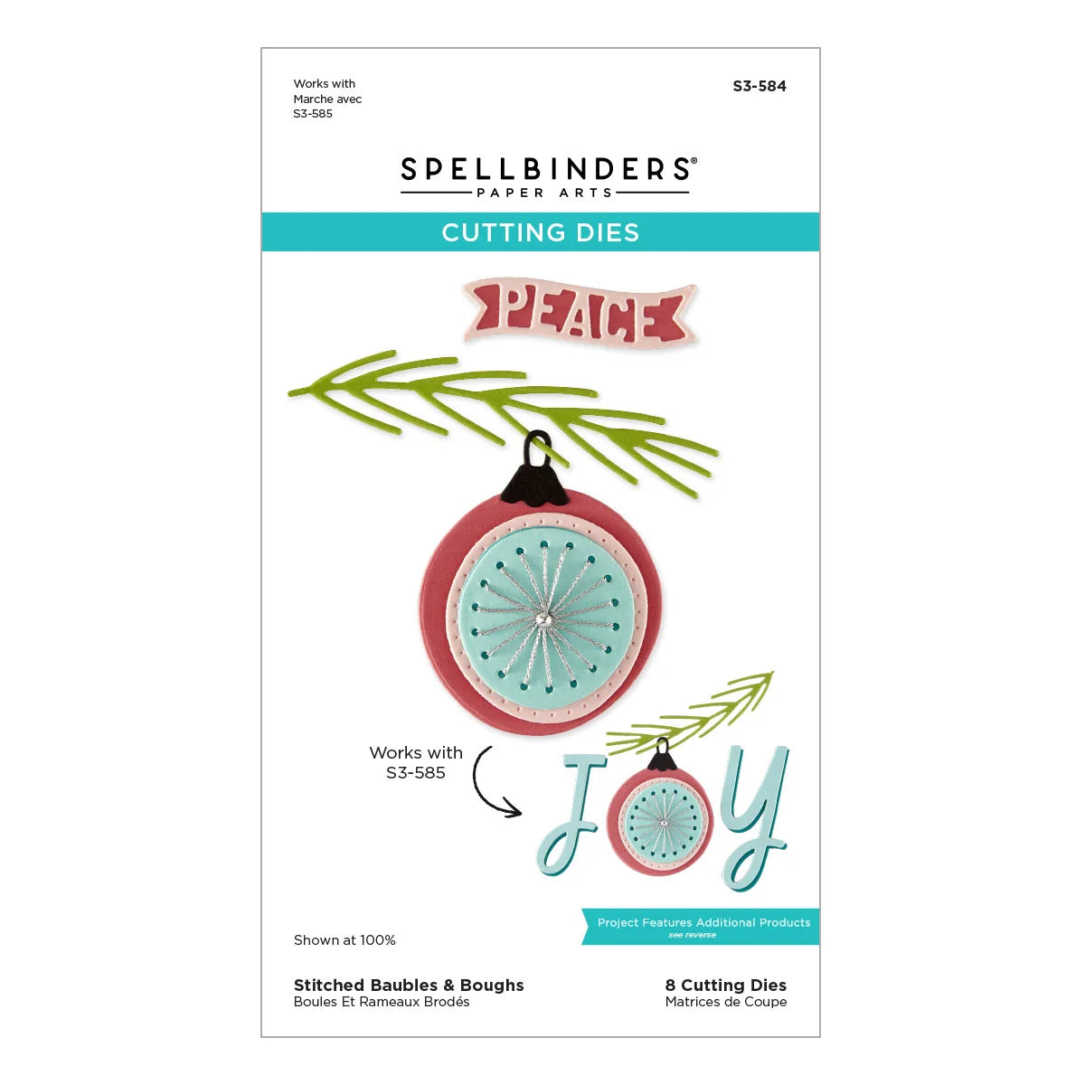 Spellbinders Paper Arts Cutting Dies product packaging, model S3-584, featuring holiday-themed illustrations of a stitched bauble, a banner reading 'J-PAIME', and the word 'JOY' on a white background.