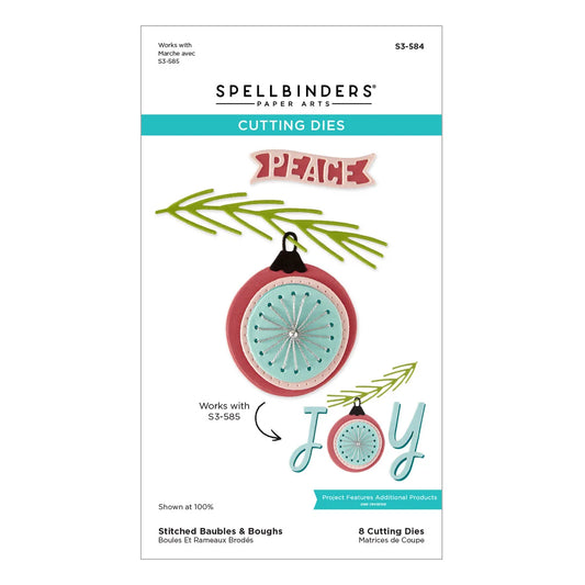 Spellbinders Paper Arts Cutting Dies product packaging, model S3-584, featuring holiday-themed illustrations of a stitched bauble, a banner reading 'J-PAIME', and the word 'JOY' on a white background.