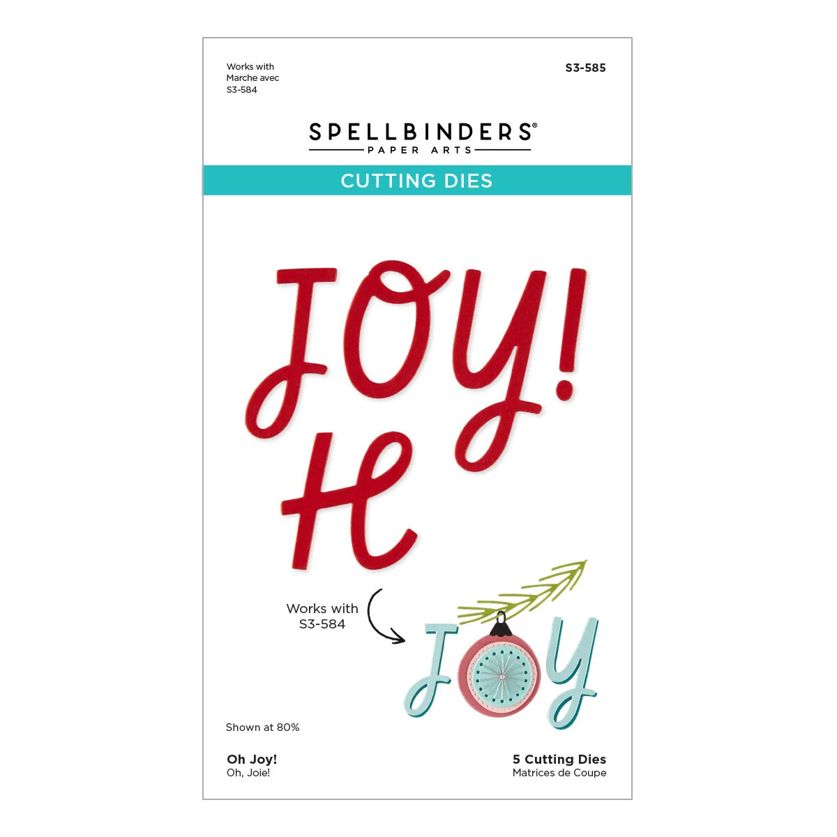 Spellbinders Paper Arts Cutting Dies package for S3-584, featuring the word 'JOY!' in red metal letters and a coordinating ornament-shaped 'O' in light blue, on a white background with teal header band.