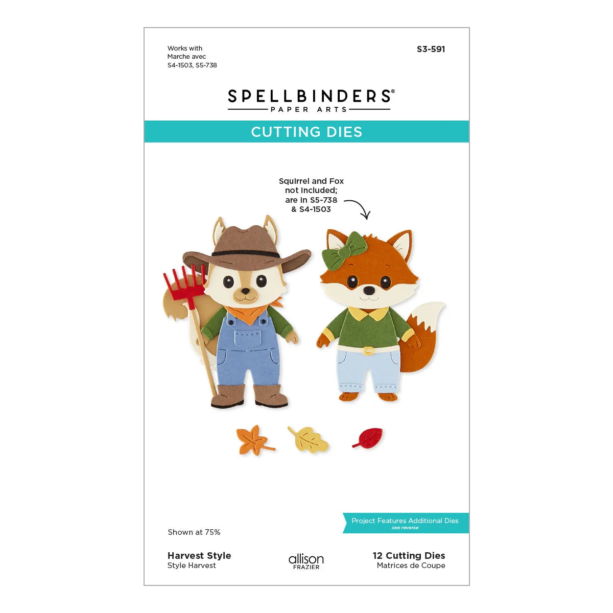 Spellbinders Paper Arts Cutting Dies package for 'Harvest Style', showing illustrated squirrel and fox characters wearing farmer clothing with gardening tools, on a white background with teal and black text.