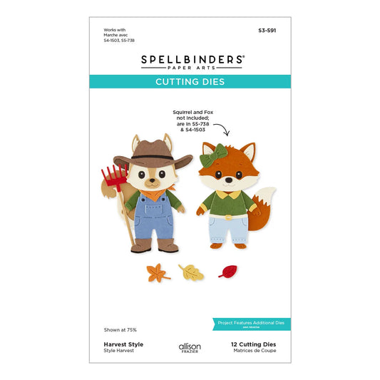 Spellbinders Paper Arts Cutting Dies package for 'Harvest Style', showing illustrated squirrel and fox characters wearing farmer clothing with gardening tools, on a white background with teal and black text.