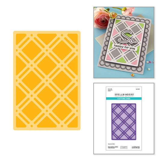 Yellow cutting die with a pattern, a card with 'S' design, and Spellbinders product packaging on a white background.