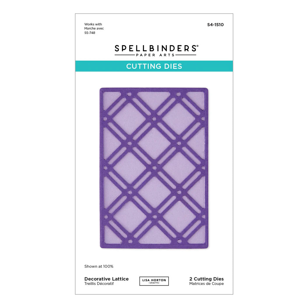 Spellbinders cutting die set packaging with purple lattice design on a white background
