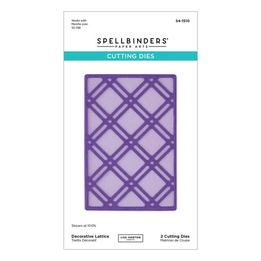 Spellbinders cutting die set packaging with purple lattice design on a white background