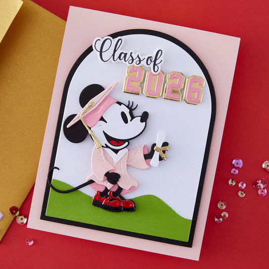 Graduation-themed card with cartoon character and 'Class of 2026' text on a red background. Classic Mouse