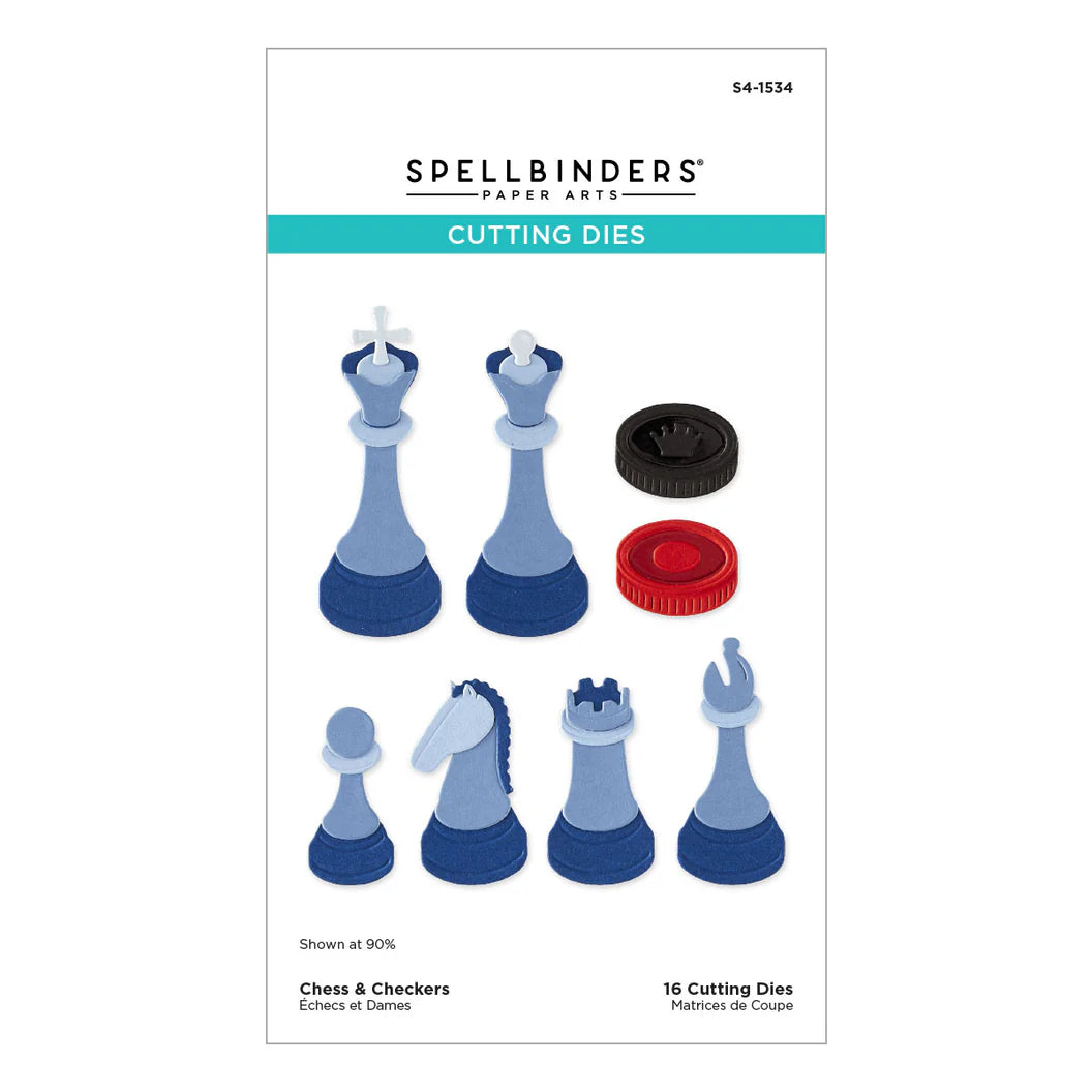 Spellbinders paper arts cutting dies set with chess and checkers pieces on a white background