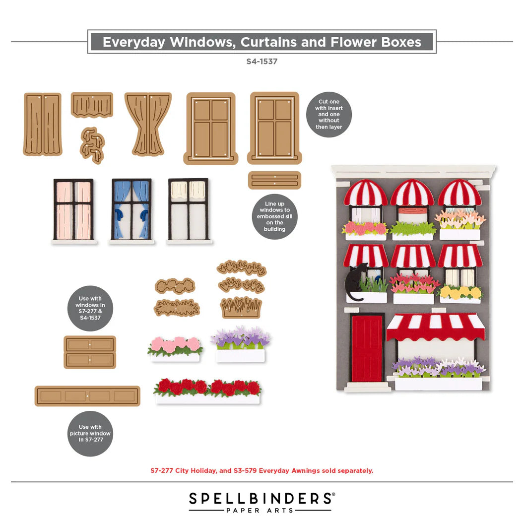Set of everyday windows, curtains, and flower boxes by Spellbinders Paper Arts on a white background.