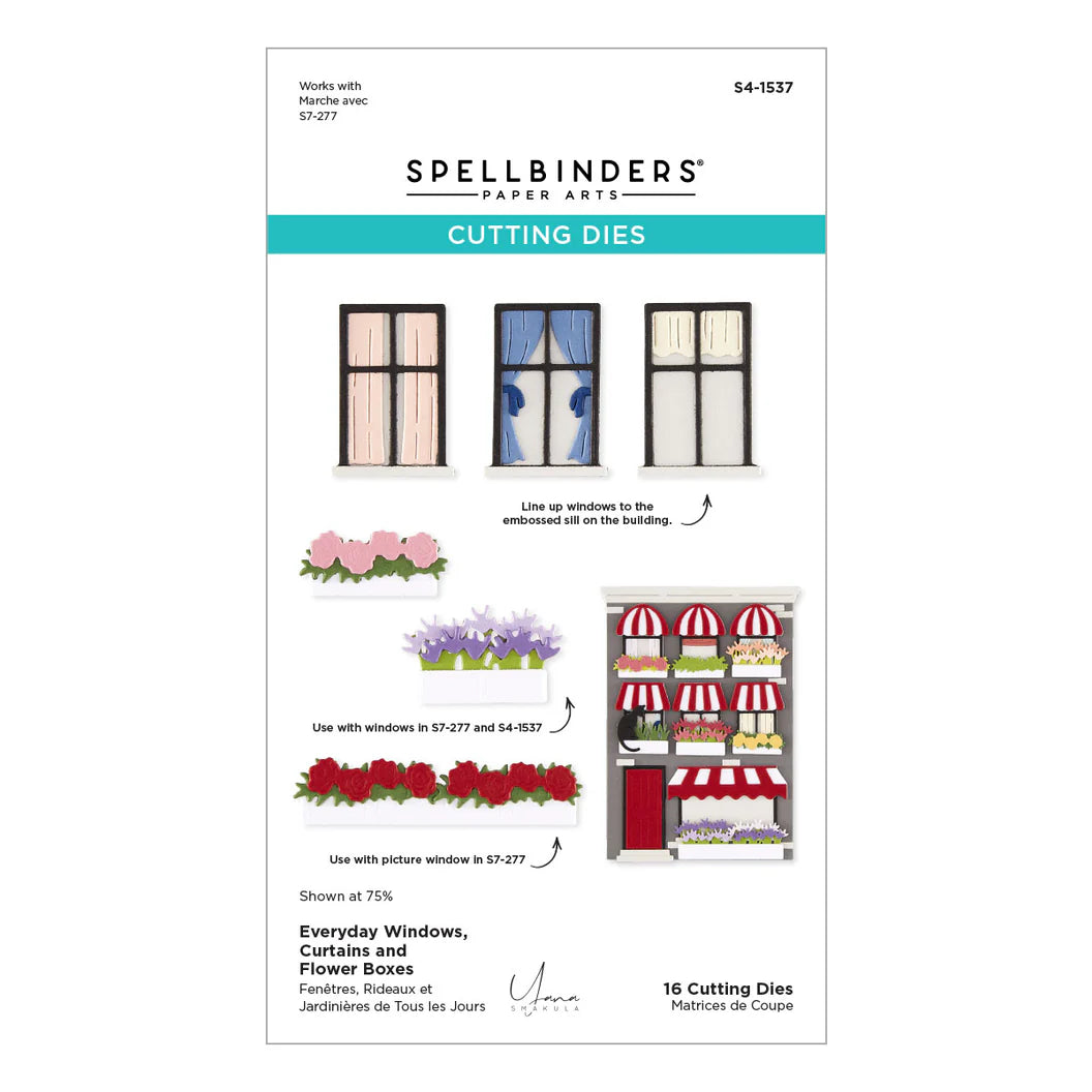Spellbinders cutting dies packaging with window and curtain designs on a white background