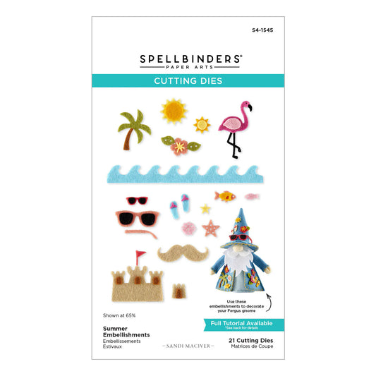 Spellbinders cutting dies set with summer-themed embellishments on a white background
