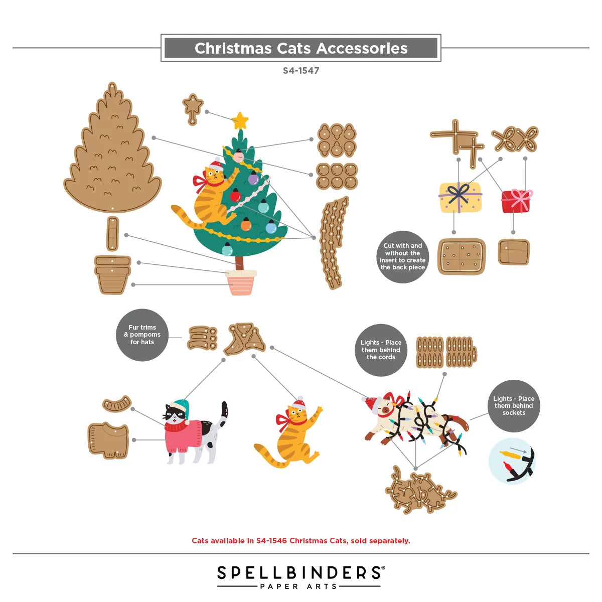 Set of Christmas-themed cat accessories with tree, gift, and cat figures by Spellbinders on a white background.