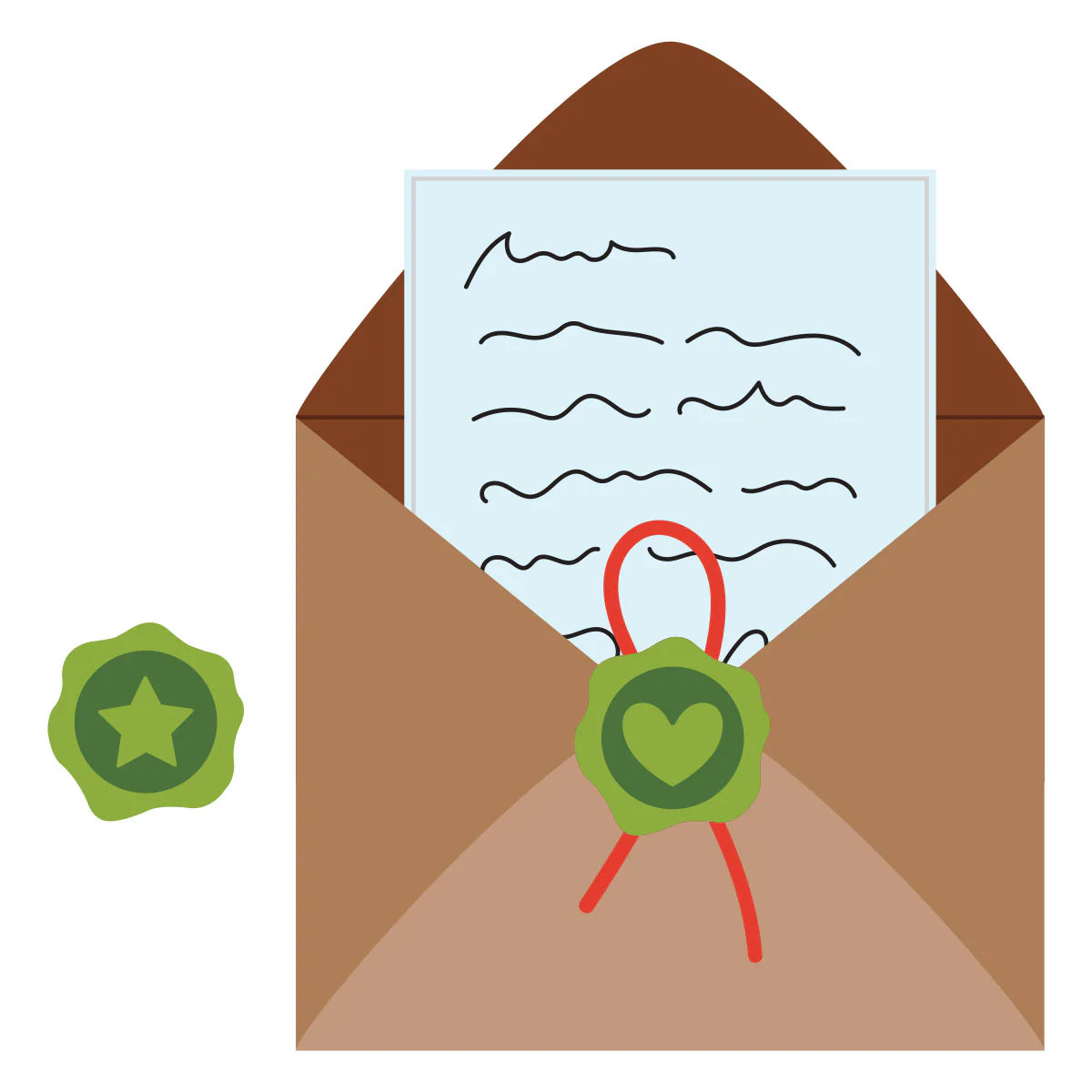 Envelope with letter, red string tie, and heart wax seal die cut design