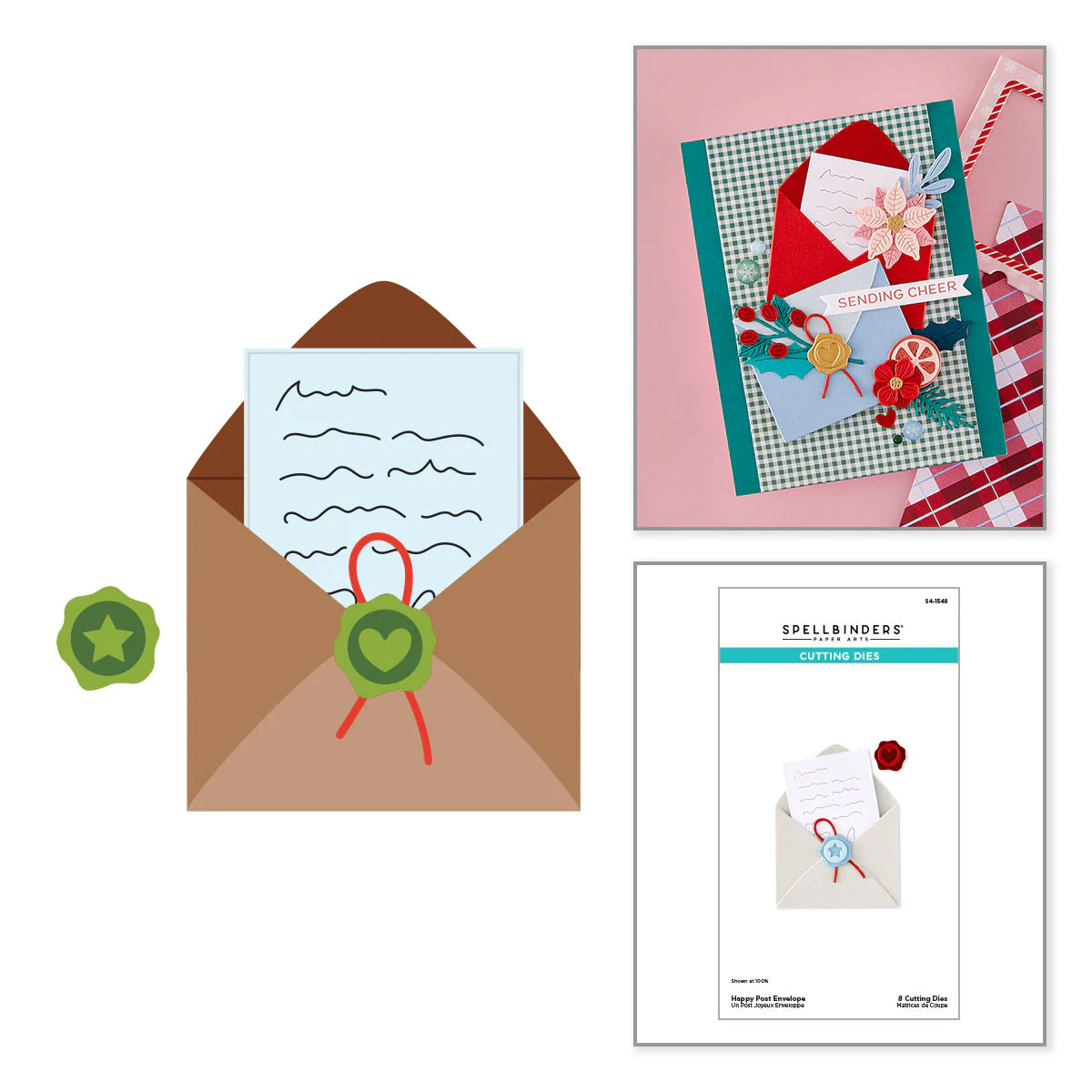 Happy Post Envelope die cuts with Sending Cheer card featuring poinsettia and wax seal