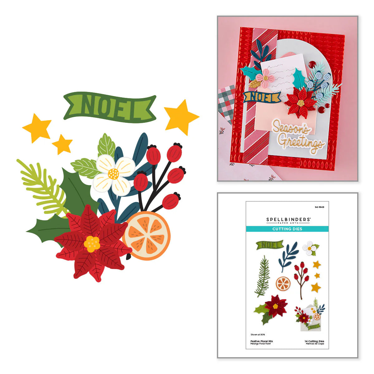 Festive Floral Mix die cuts with Season's Greetings card featuring poinsettia and NOEL banner