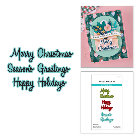 Merry Greetings script die cuts with Making Spirits Bright envelope card design