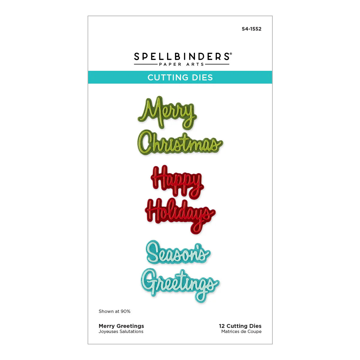 Spellbinders Merry Greetings script cutting dies package, four holiday phrase designs
