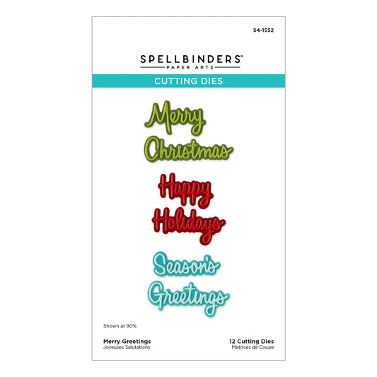 Spellbinders Merry Greetings script cutting dies package, four holiday phrase designs