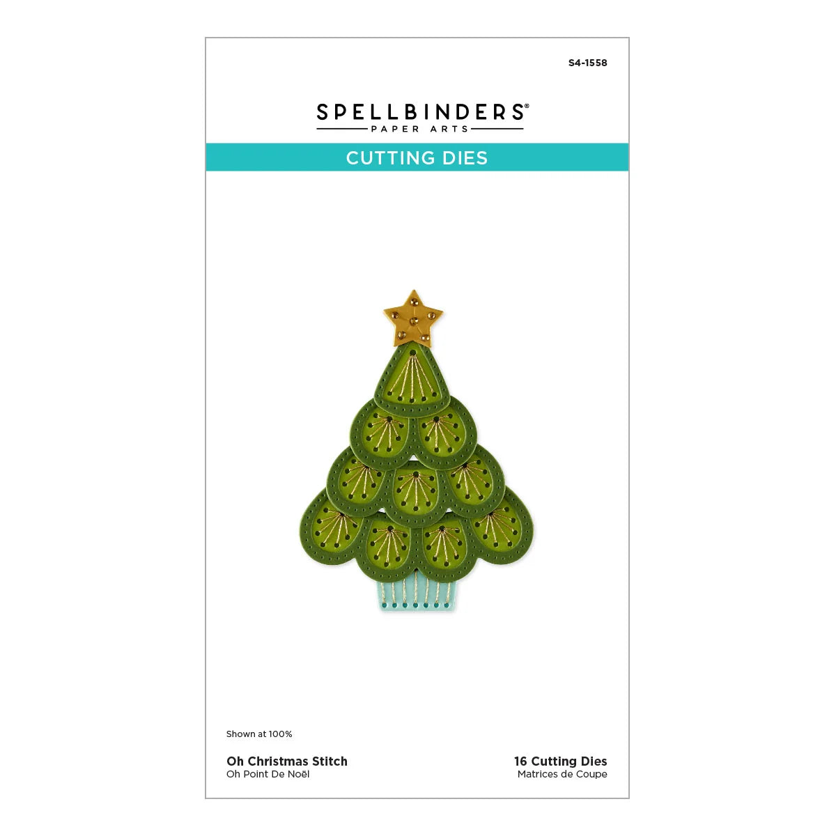 Spellbinders Paper Arts 'Oh Christmas Stitch' 16 cutting dies package, featuring a green Christmas tree design with a gold star on a white background.