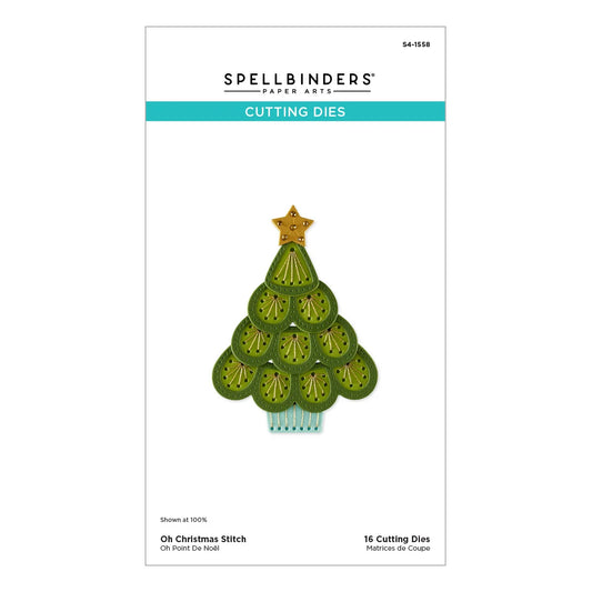 Spellbinders Paper Arts 'Oh Christmas Stitch' 16 cutting dies package, featuring a green Christmas tree design with a gold star on a white background.