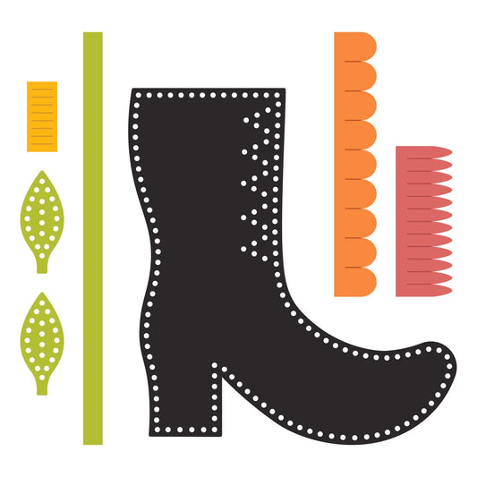 A stylized black boot silhouette with white dotted trim, surrounded by flat decorative shapes in yellow, green, orange, and pink on a white background.
