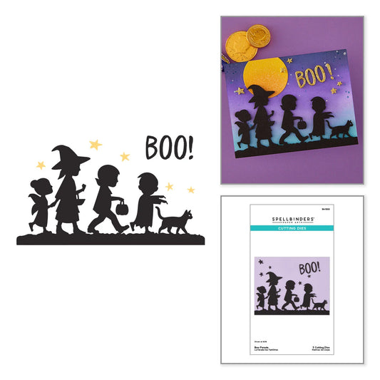 A Halloween-themed craft or card design shown in three views on a white background: a black silhouette of children, a witch, and a dog with the word BOO!, plus a purple sample card with gold foil stars and coins and a package insert labeled Spell & Index.