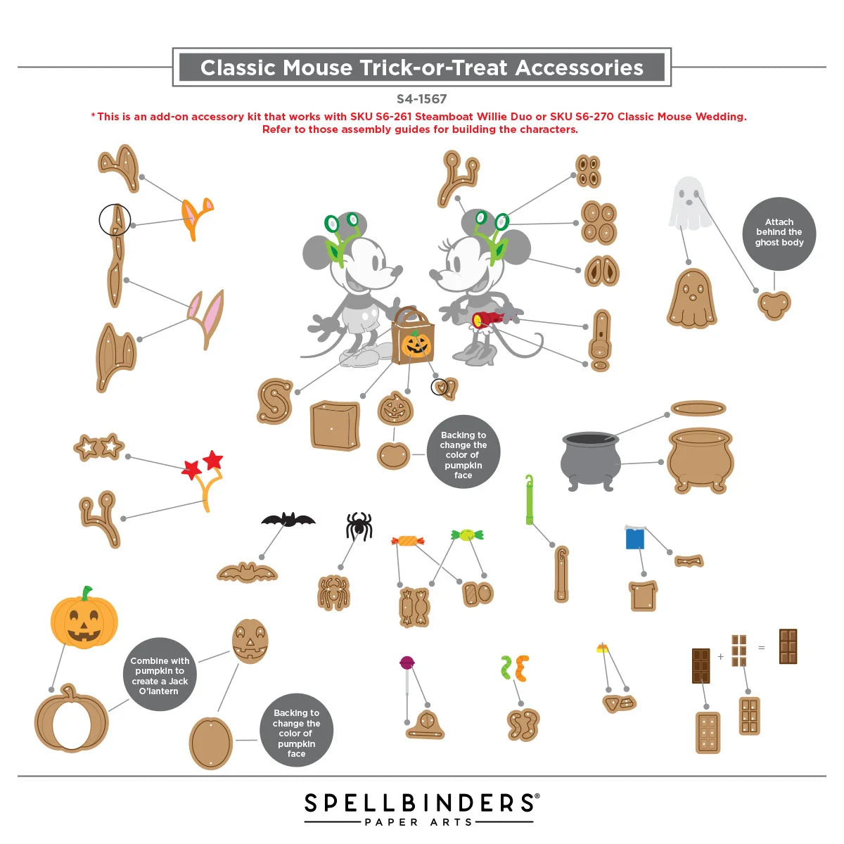 A product assembly guide sheet for 'Classic Mouse Trick-or-Treat Accessories' by Spellbinders Paper Arts, showing various illustrated accessories like treats, ghosts, cauldron, and mice with connection lines and assembly instructions.