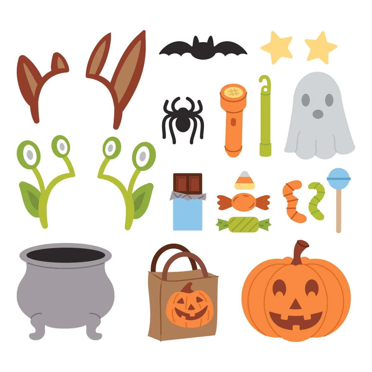 A set of Halloween-themed flat icons and cutout shapes on a white background, including antlers, a bat, stars, a spider, a flashlight, a ghost, frog faces, candy corn, wrapped candies, a cauldron, a jack-o'-lantern bag, and a jack-o'-lantern pumpkin.