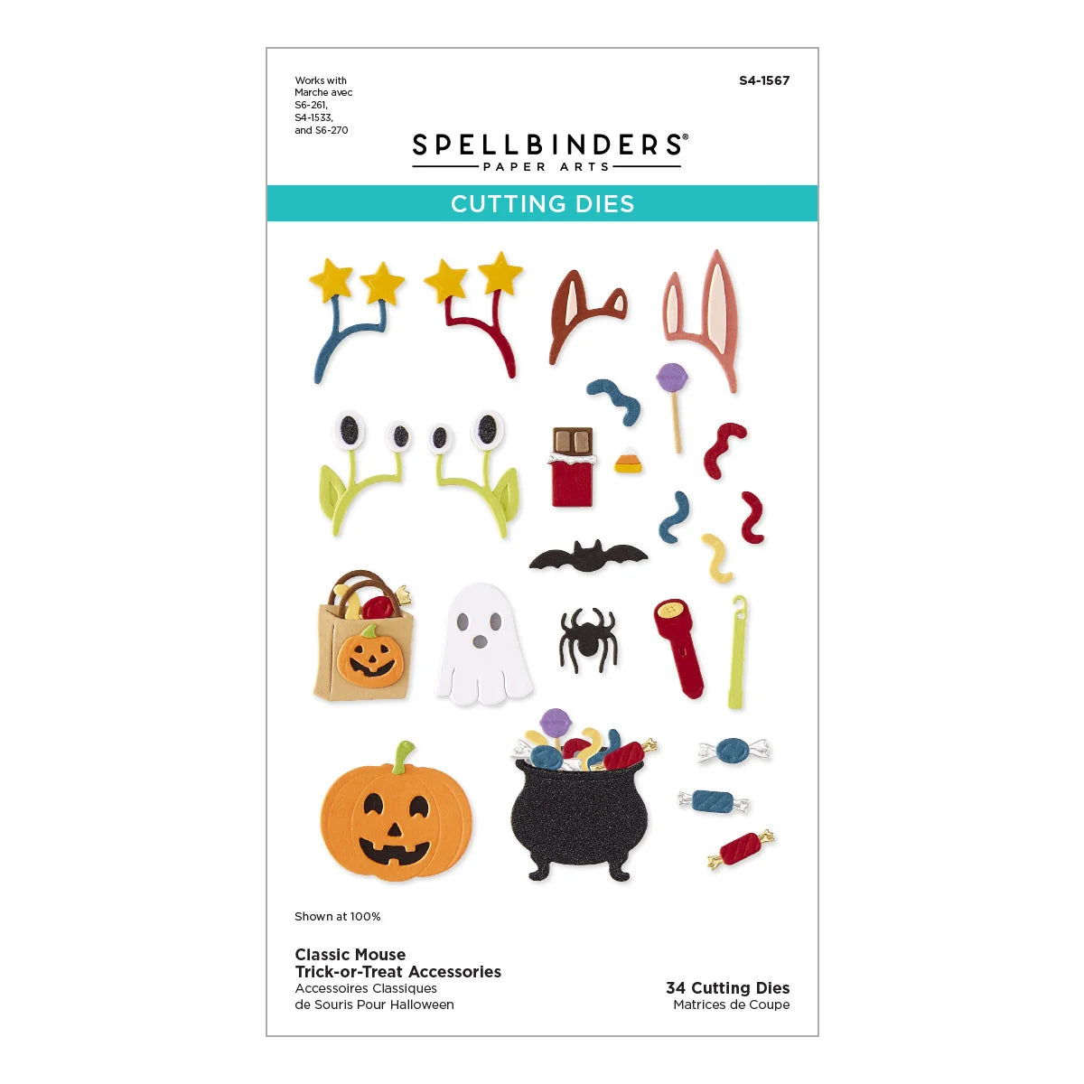 Spellbinders Paper-A-Lot Classic Mouse Trick-or-Treat Accessories cutting dies package, featuring a sheet of 34 Halloween-themed cutting dies including a jack-o'-lantern, cauldron, spider, ghost, candy, and stars on a white background.