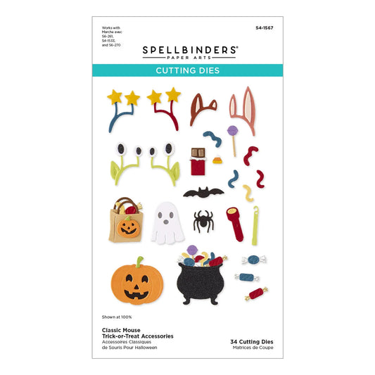 Spellbinders Paper-A-Lot Classic Mouse Trick-or-Treat Accessories cutting dies package, featuring a sheet of 34 Halloween-themed cutting dies including a jack-o'-lantern, cauldron, spider, ghost, candy, and stars on a white background.
