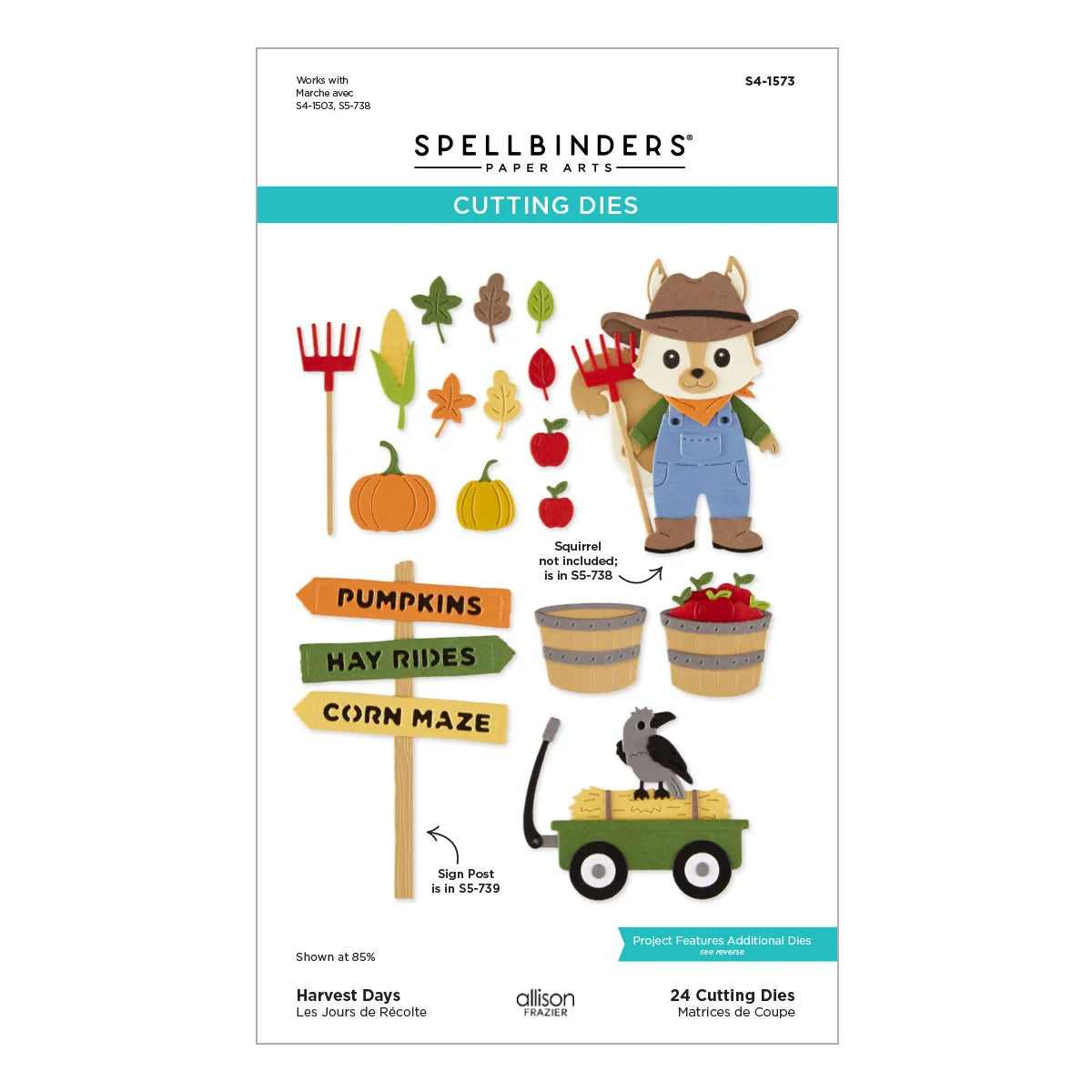 Spellbinders by Alison Fraser 'Harvest Days' cutting dies product packaging, showing illustrated die sets and sample cutout designs including a squirrel, pumpkins, signs, baskets, and a wagon on a white background with teal accents.