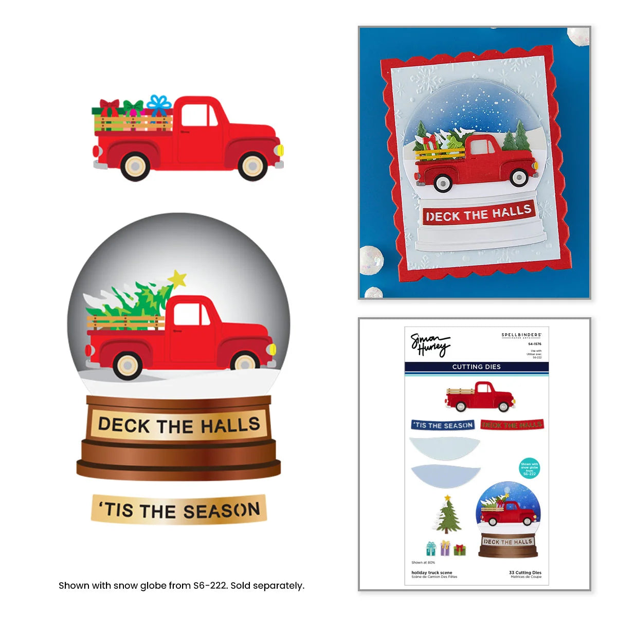 A collage showing a red pickup truck holiday craft design in multiple forms: a flat truck illustration, a snow globe version with a tree in the truck bed and the words 'DECK THE HALLS' and 'TIS THE SEASON,' plus a package sheet labeled 'Deck the Halls' with included die-cut elements.