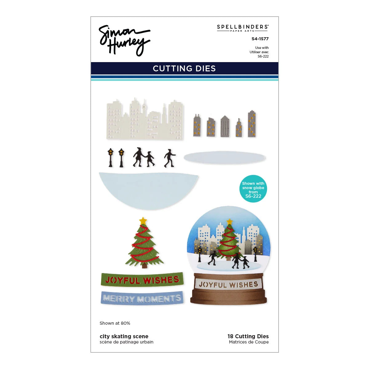 Spellbinders by Simon Hurley 'City Skating Scene' cutting dies sheet, showing 18 different die-cut shapes including a city skyline, figures, a skating scene in a snow globe, and holiday decorations.