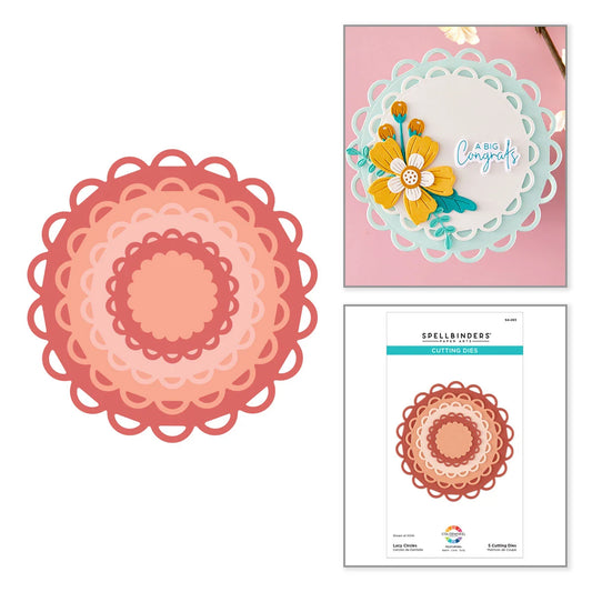 Layered scalloped circular die-cut craft paper shown on the left, with a sample layered card on the top right and the Spellbinders Cutting Dies product package on the bottom right.