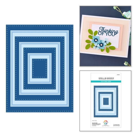 Dies featuring a large square die-cutting template with concentric blue and light blue borders, a sample handmade card with blue flowers and green leaves reading 'Thinking of you', and a package insert for Spellbinders crafting dies.