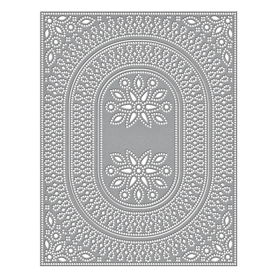 Oval pierced Decorative stencil with floral patterns on a white background