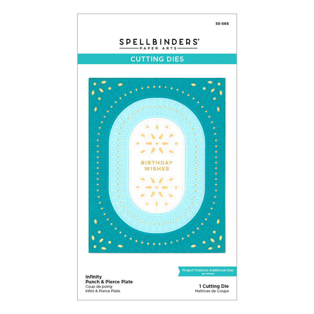 Spellbinders cutting die packaging with a blue and gold design on a white background
