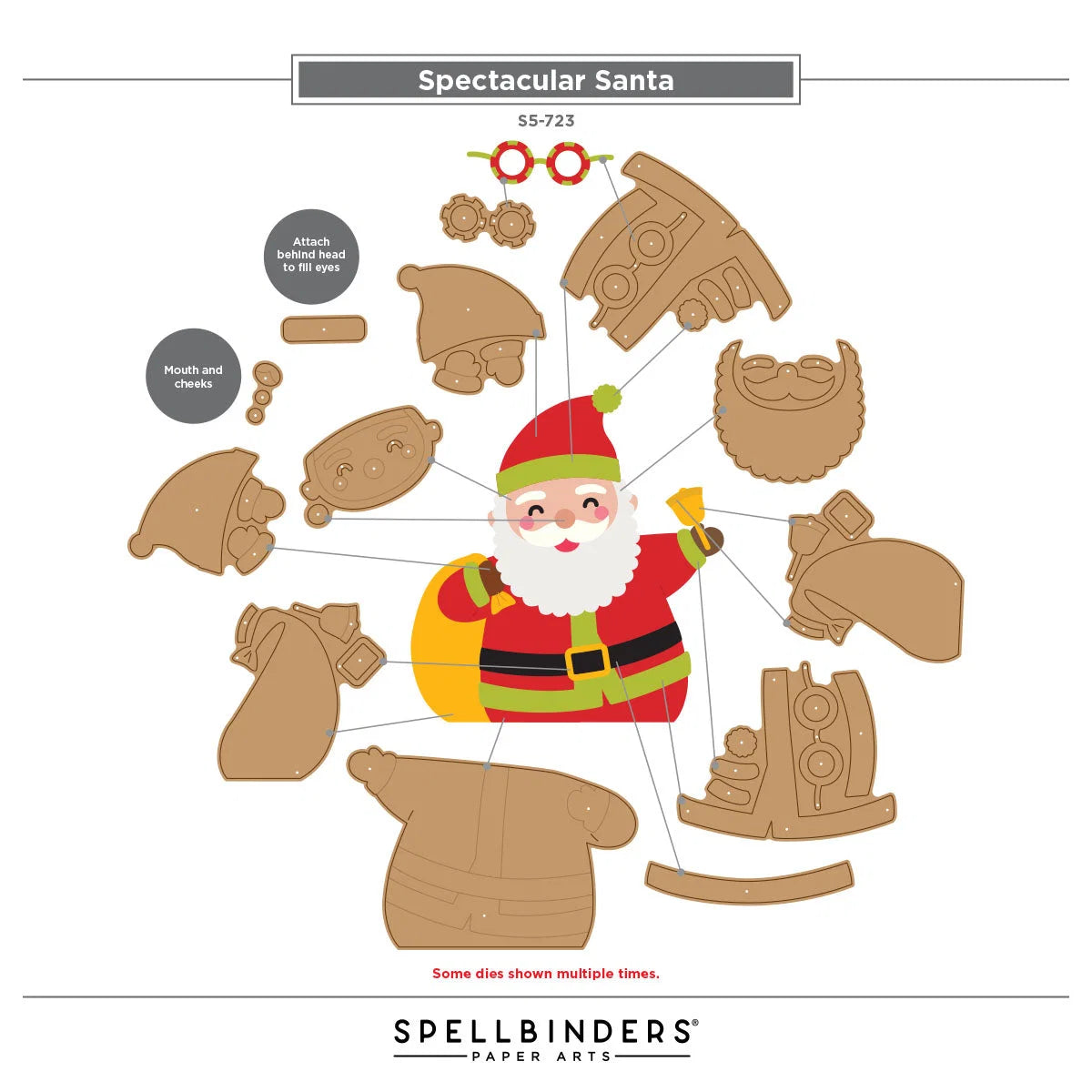 Cardboard cutout of a Santa Claus figure with various parts and Spellbinders branding.