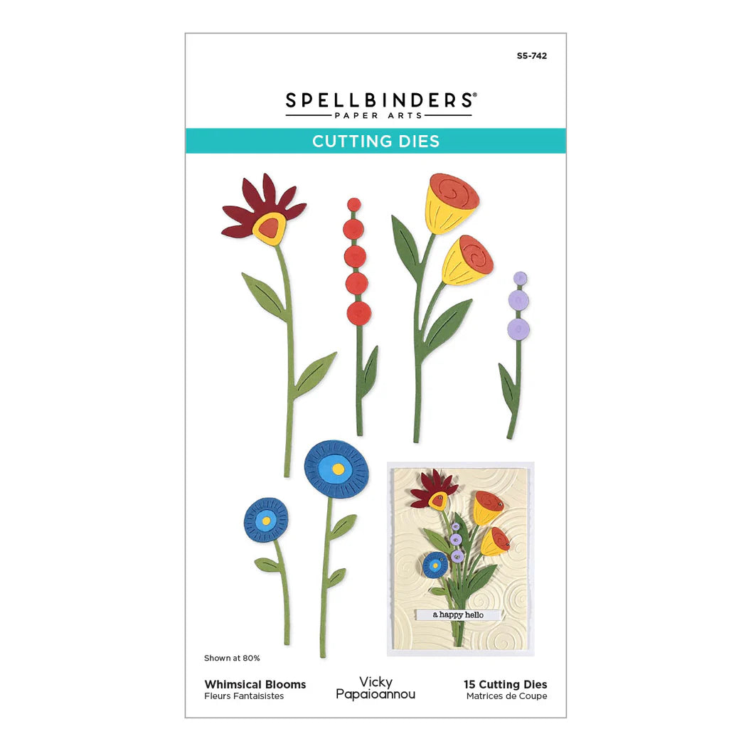 Spellbinders cutting dies packaging with colorful floral designs on a white background