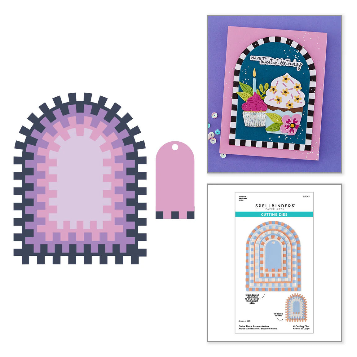 Crafting supplies including a die-cut arch, tag, and a card with a cake design on a white background.