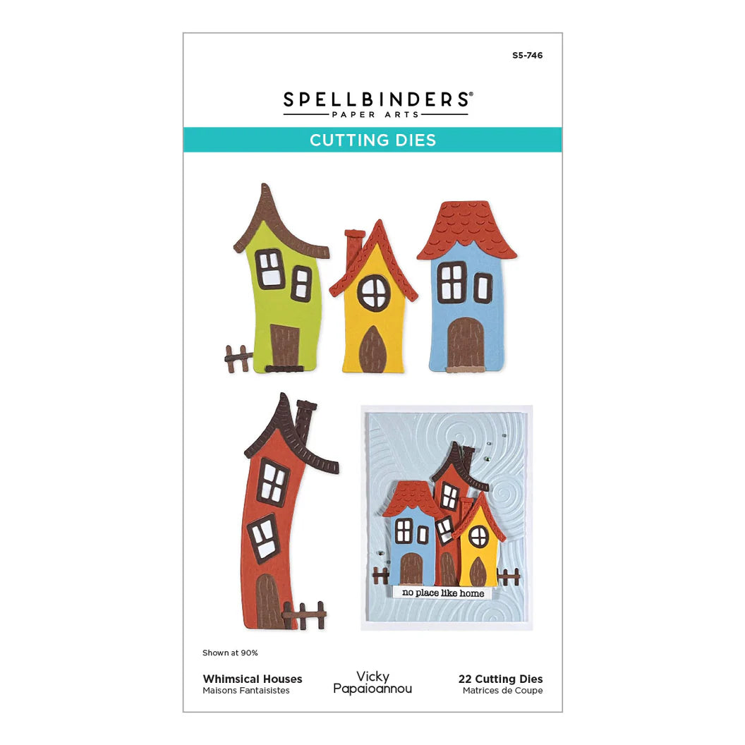 Spellbinders cutting dies packaging with colorful house designs on a white background