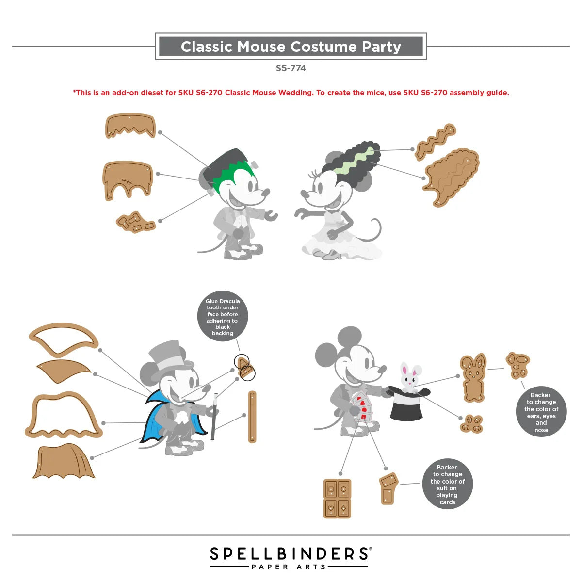 Instruction sheet for a Spellbinders Classic Mouse Costume Party, showing disassembled gingerbread mouse pieces and step-by-step assembly instructions for two mouse characters.