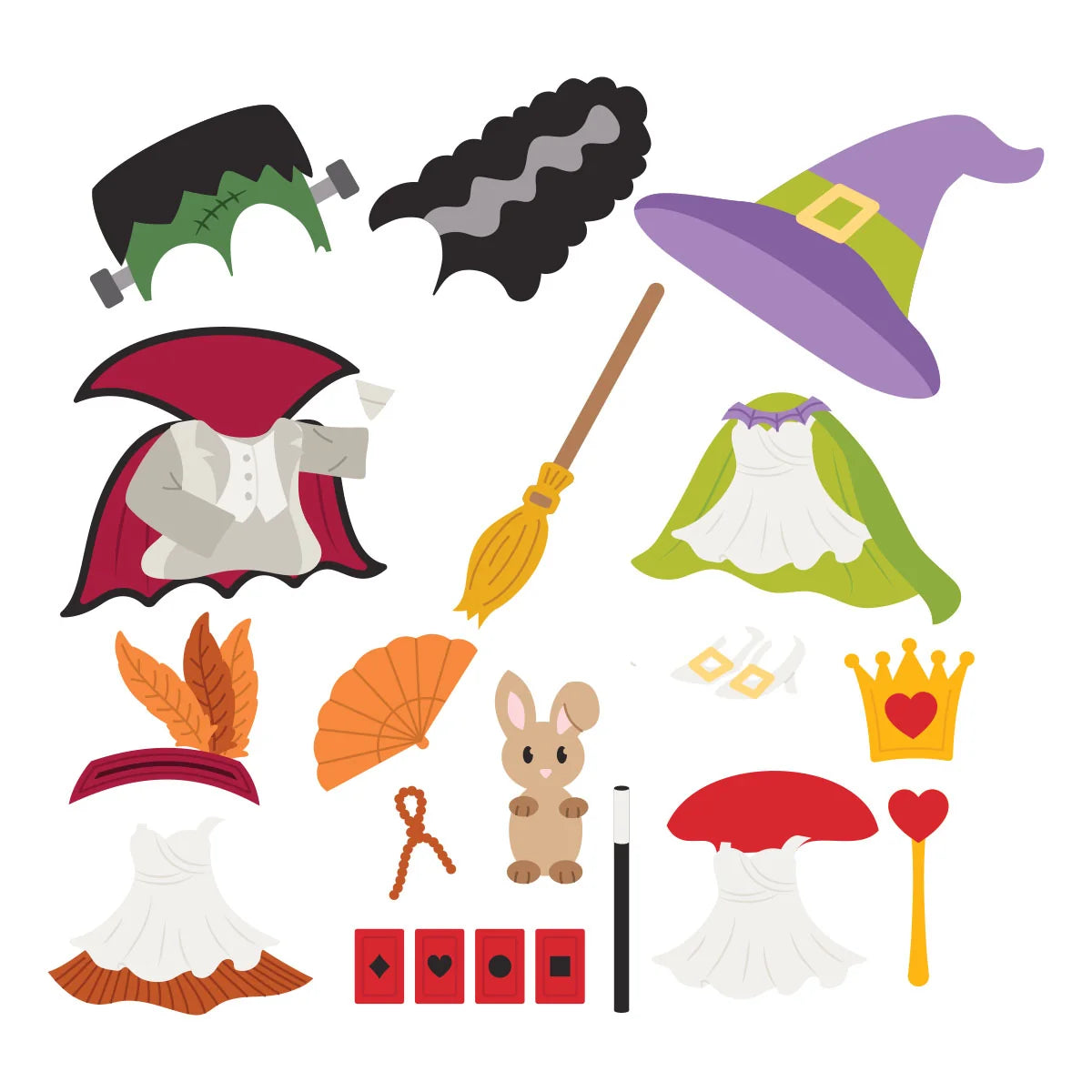 A set of cartoon-style Halloween costume accessories arranged on a white background, including a witch hat, vampire cape, broom, green cloak, rabbit figure, mushrooms, cards, and other small costume pieces.