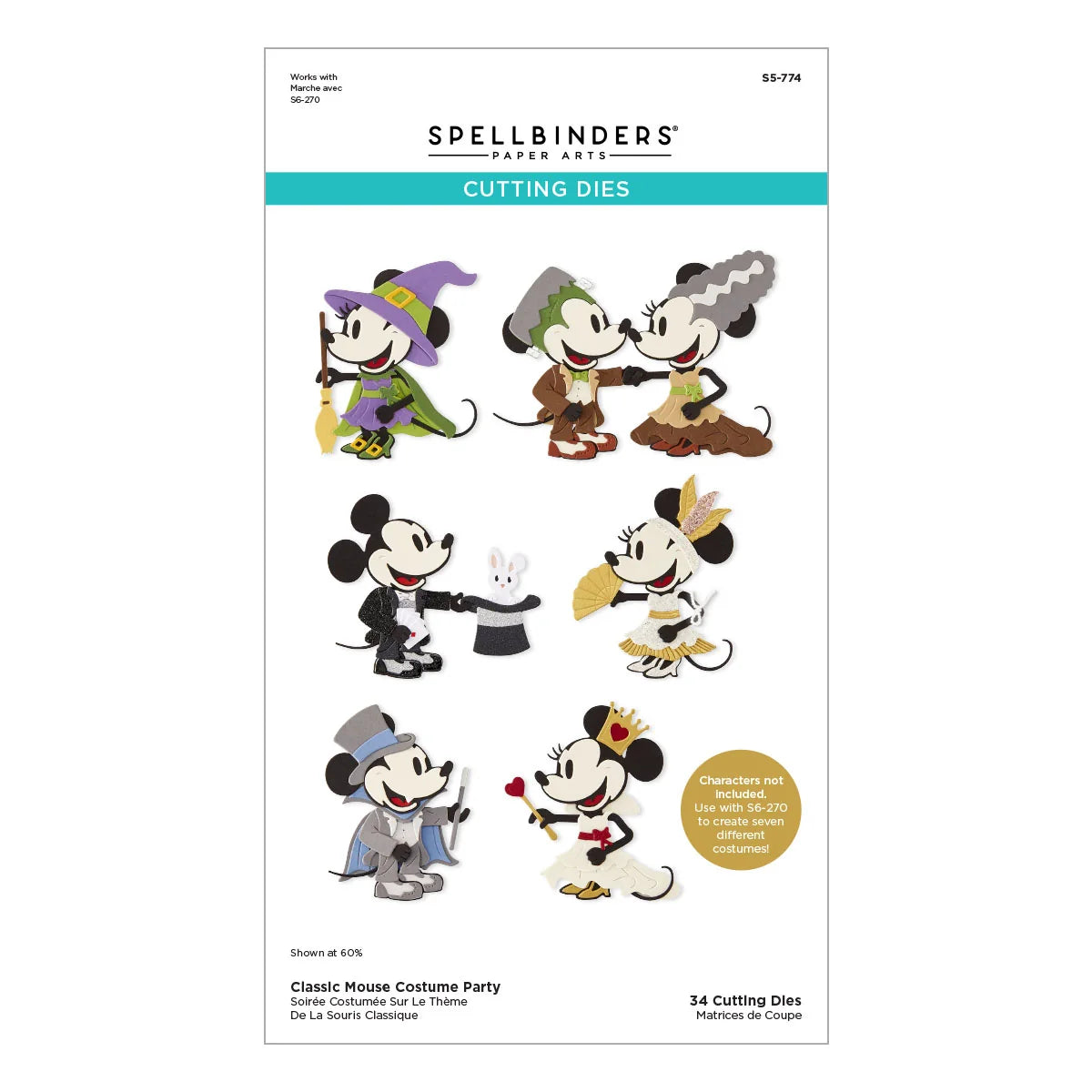 Spellbinders Paper Arts Classic Mouse Costume Party cutting dies set, featuring 12 character-themed die designs on a white card with product details and a gold circular sticker.