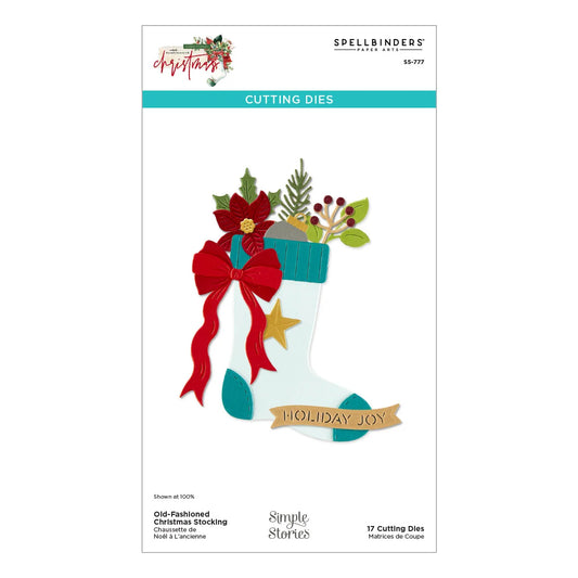 Spellbinders Paper Arts 'Old Fashioned Christmas Stocking' cutting dies set, featuring a festive stocking design with a red bow, green pine branches, a gold star, and a 'HOLIDAY JOY' banner on a white card.