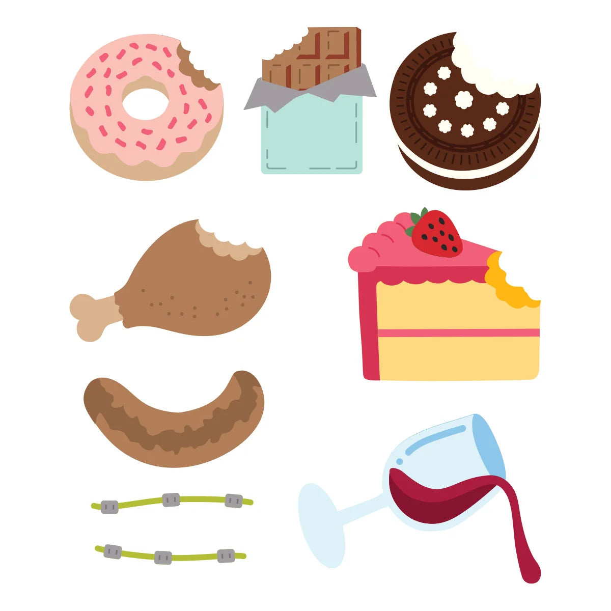 A set of flat vector illustrations of various food items and accessories, including a pink donut with sprinkles, a chocolate bar, a chocolate cookie, a chicken leg, a slice of cake with a strawberry, two green bracelets, and a glass of red wine, all arranged on a plain white background.