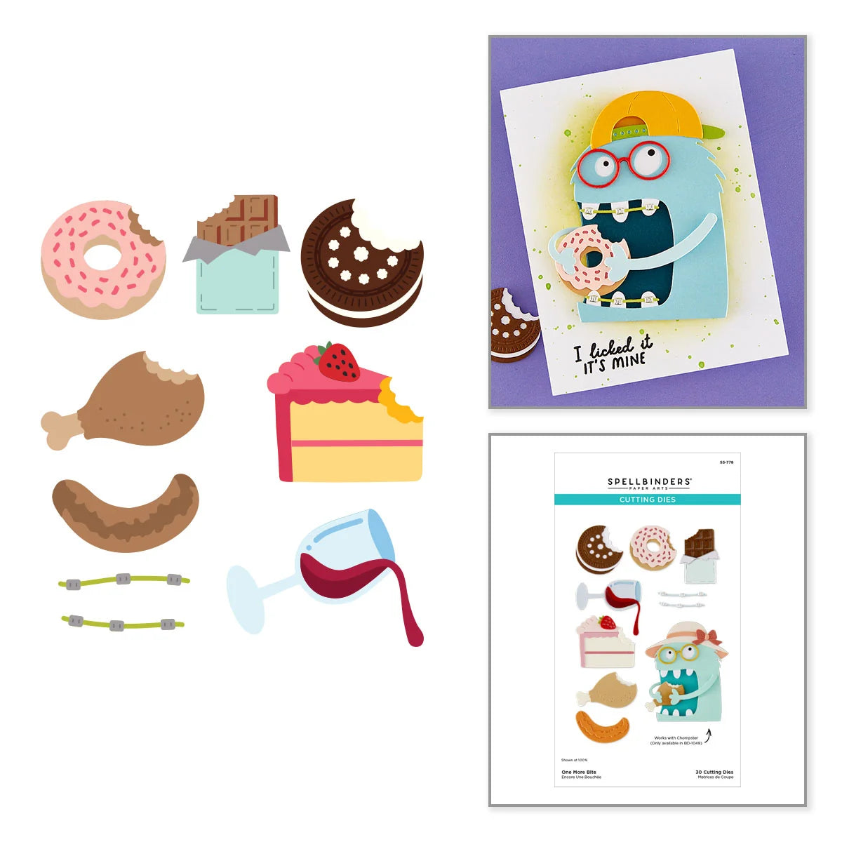 A sheet of cute food-themed sticker designs shown alongside a printed example card and packaging insert on a white background. The designs include donuts, chocolate pieces, a chicken leg, a slice of cake, sausage, straws, and a wine glass, with one example card featuring a blue monster holding a donut and the text 'I licked it - it's mine'.