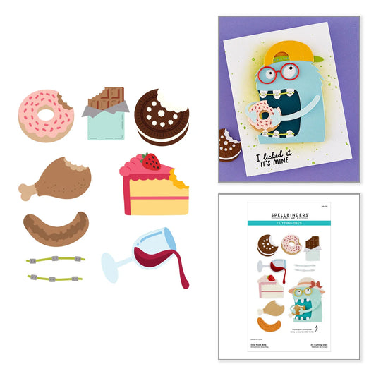 A sheet of cute food-themed sticker designs shown alongside a printed example card and packaging insert on a white background. The designs include donuts, chocolate pieces, a chicken leg, a slice of cake, sausage, straws, and a wine glass, with one example card featuring a blue monster holding a donut and the text 'I licked it - it's mine'.