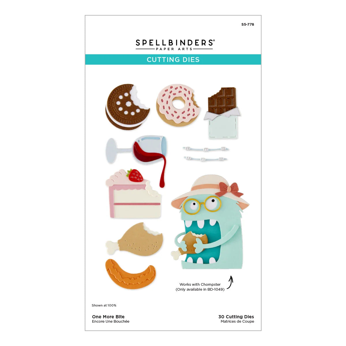 Spellbinders Paper Art Cutting Dies sheet (SS-978) featuring 30 cutting dies for crafting, including illustrations of a monster, cake, drink, and food items, on a white background.