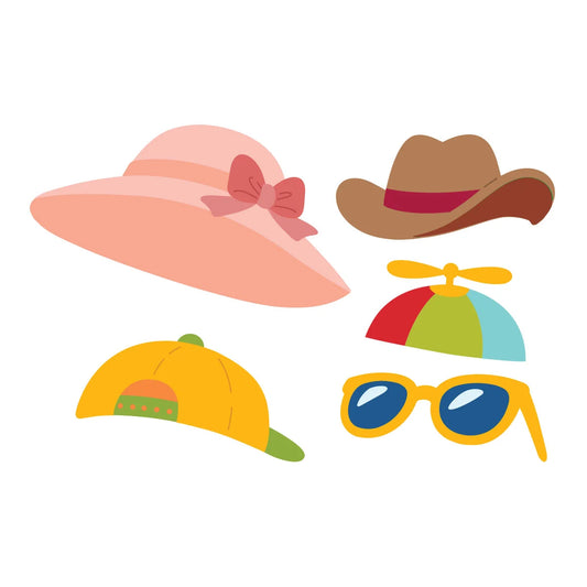 A set of flat vector illustrations of summer accessories, including a pink sun hat with a bow, a brown cowboy hat, a yellow baseball cap, a multicolor propeller hat, and yellow sunglasses, arranged on a plain white background.