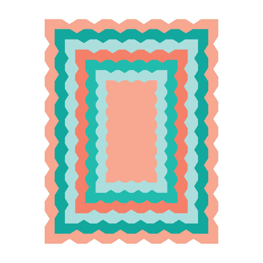 A flat rectangular nested die set with scalloped wavy edges, shown on a plain white background. The design features concentric bands in coral pink, teal, light blue, and white.